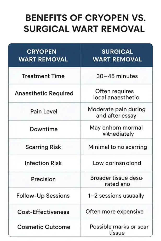 Table showing the benefits of cryopen to remove warts Henley-on-Thames compared to surgical treatment